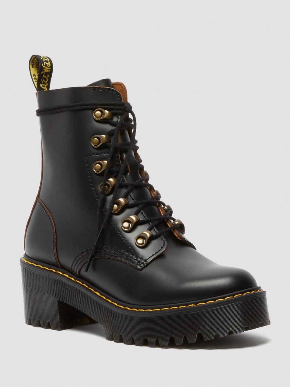 Dr. Martens Leona Black Leather Platform Heeled Boots Size 39